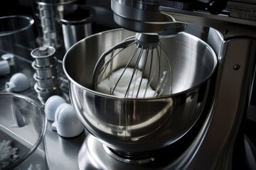 close-up of commercial mixer, with ingredients mixing together and becoming one, created with generative ai