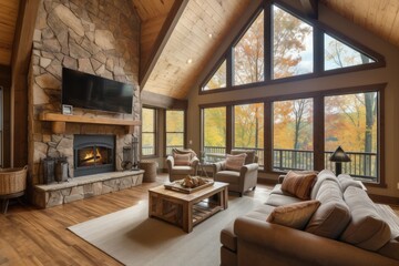 cabin with stone fireplace, huge window, and plush furnishings, created with generative ai - obrazy, fototapety, plakaty