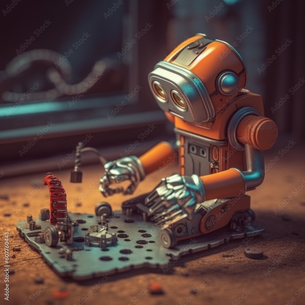 Poster a toy robot sitting on the ground next to a broken phone. generative ai image.