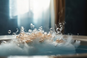 bubbles floating on the surface of a hot bubble bath, with steam rising from the water, created with generative ai