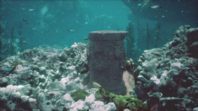 submerged remains of ancient civilization overgrown with marine vegetation