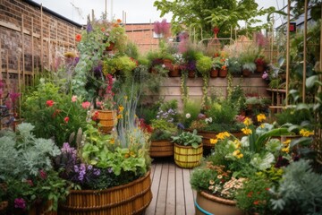 Fototapeta na wymiar colourful garden with raised bed, hanging baskets and vertical planting, created with generative ai