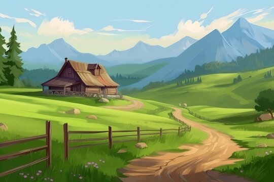 countryside in the mountains. a road that goes through old houses and green fields in a mountainous area. generative ai,