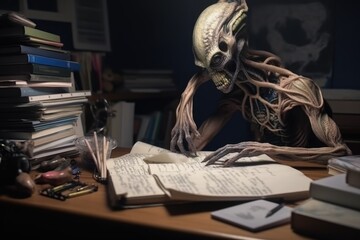 alien student, surrounded by books and notes, studying hard for exams, created with generative ai