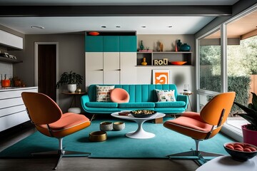mid-century modern home interior with sleek furniture and pops of color, created with generative ai