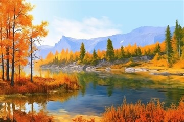 lake with autumn trees near the mountains. autumn landscape. generative ai,