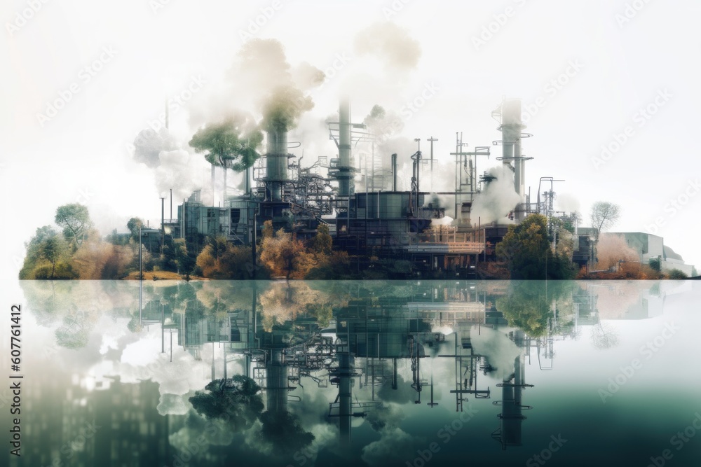 Aufkleber a factory with smoke coming out of it's stacks. generative ai image.