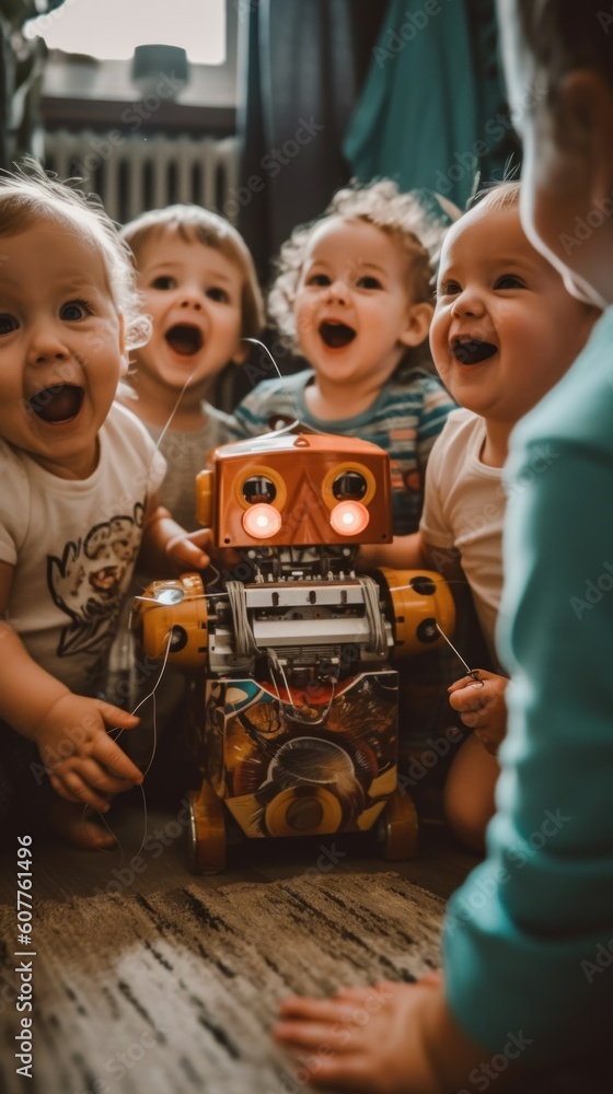 Poster a group of children sitting on the floor playing with a robot. generative ai image.