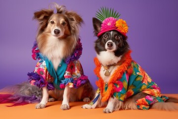 Fototapeta na wymiar photoshoot featuring cat and dog models in colorful outfits made by felines and canines, created with generative ai