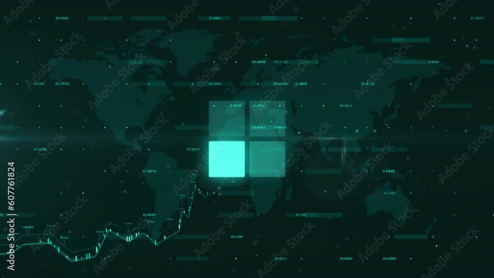 Poster animation of neon square shapes and data processing over world map against black background