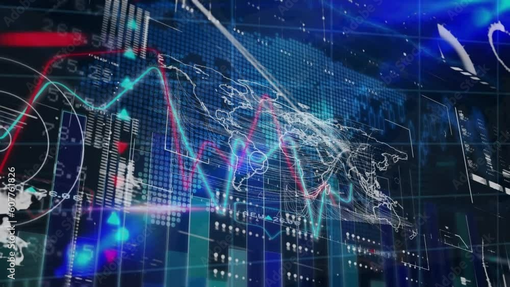 Poster animation of interface with data processing over world map against blue background