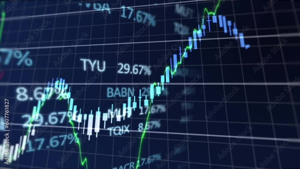 Poster animation of financial and stock market data processing over grid network against blue background