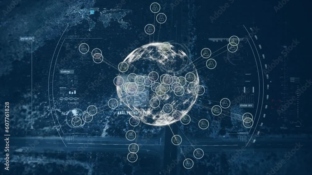 Poster animation of digital icons on spinning globe and scope scanning over aerial view of cityscape