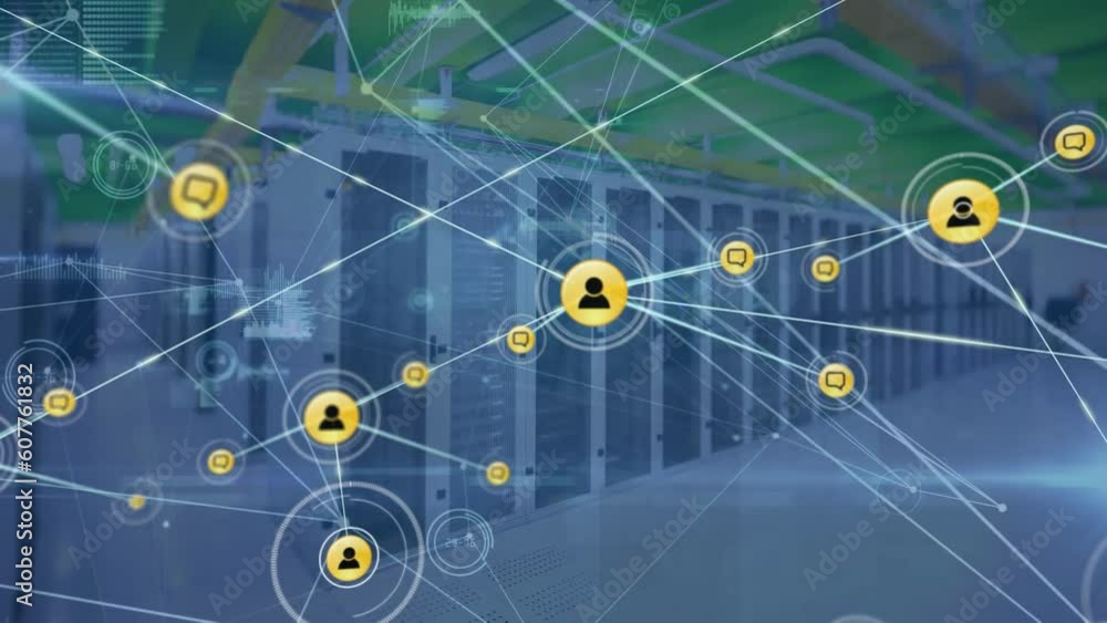 Poster animation of network of digital icons and data processing against computer server room