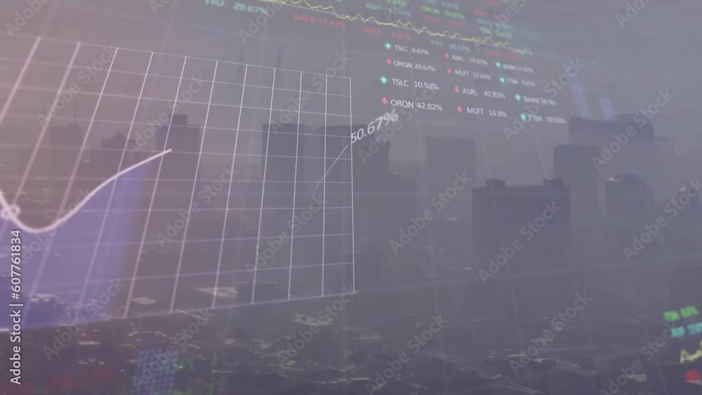 Aufkleber animation of statistical and stock market data processing against aerial view of cityscape