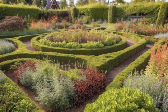 intricate garden maze, with twists and turns to discover, created with generative ai