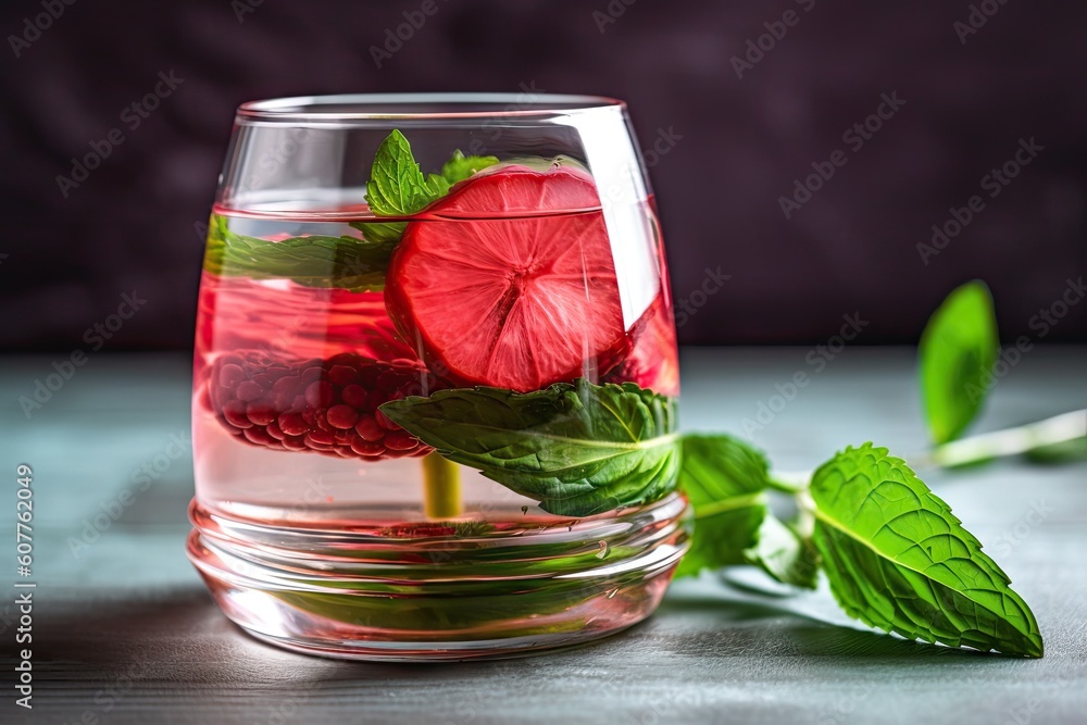 Canvas Prints watermelon slice in fruit-infused water with floating mint leaves, created with generative ai