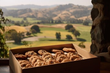 box of cookies and biscotti with view of rolling hills in the distance, created with generative ai - obrazy, fototapety, plakaty