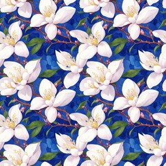 Seamless floral pattern with magnolia flowers, tileable, Generative AI