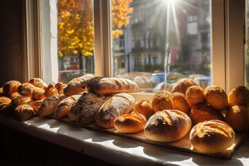 row of artisan breads displayed in bakery window, with sun shining through, created with generative ai