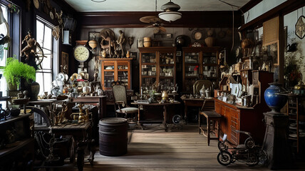 Fototapeta na wymiar Interior of an antique store with old vintage classical objects and furniture. Generative Ai