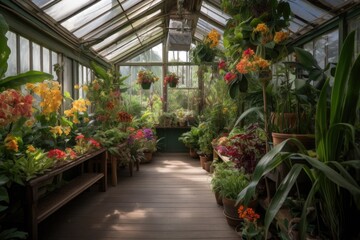 Fototapeta na wymiar greenhouse filled with lush, tropical vegetation and exotic flowers, created with generative ai