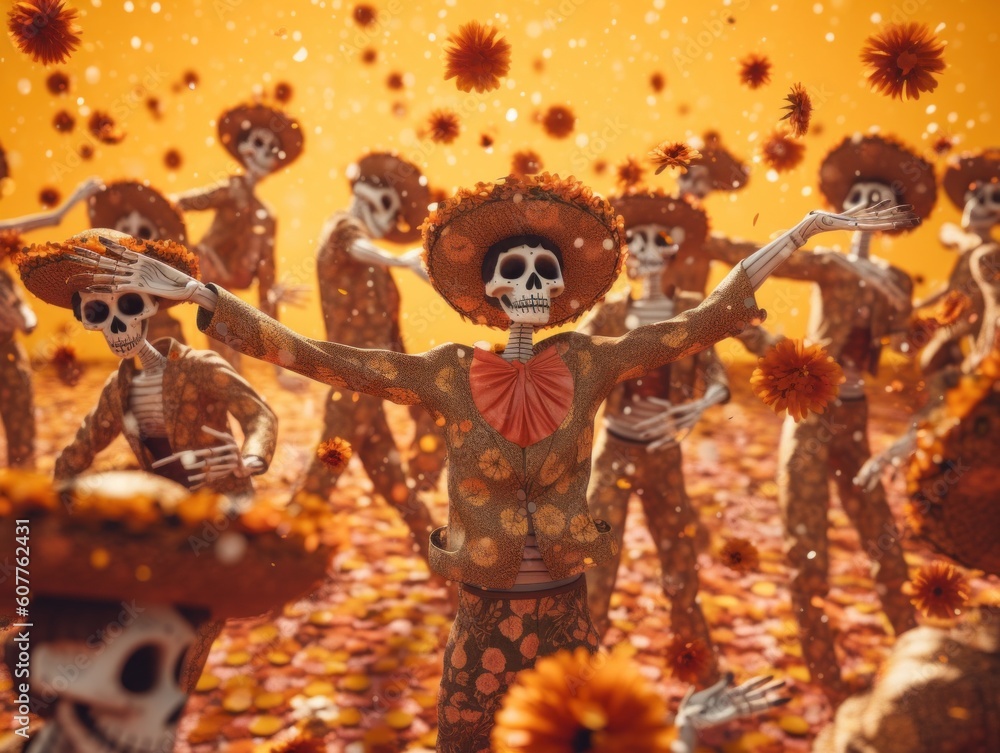 Poster a group of skeletons in a field of flowers. generative ai image.