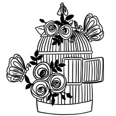 Birdcage with flowers and butterfly line art