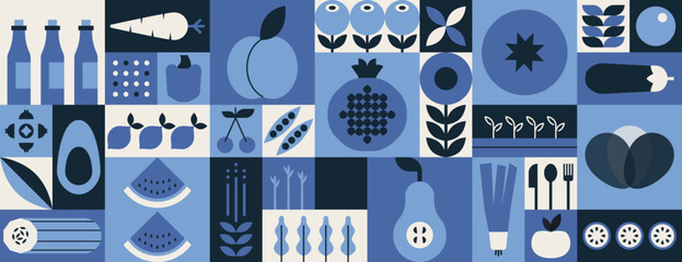 Geometric mosaic food banner. Natural fruit vegetable pattern, simple minimal restaurant menu design. Vector background