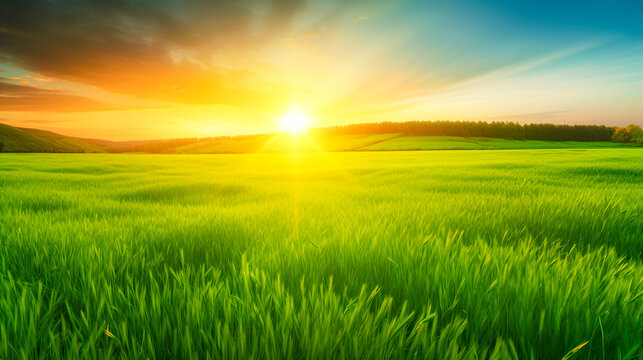 草原と夕日の風景　Generative AI