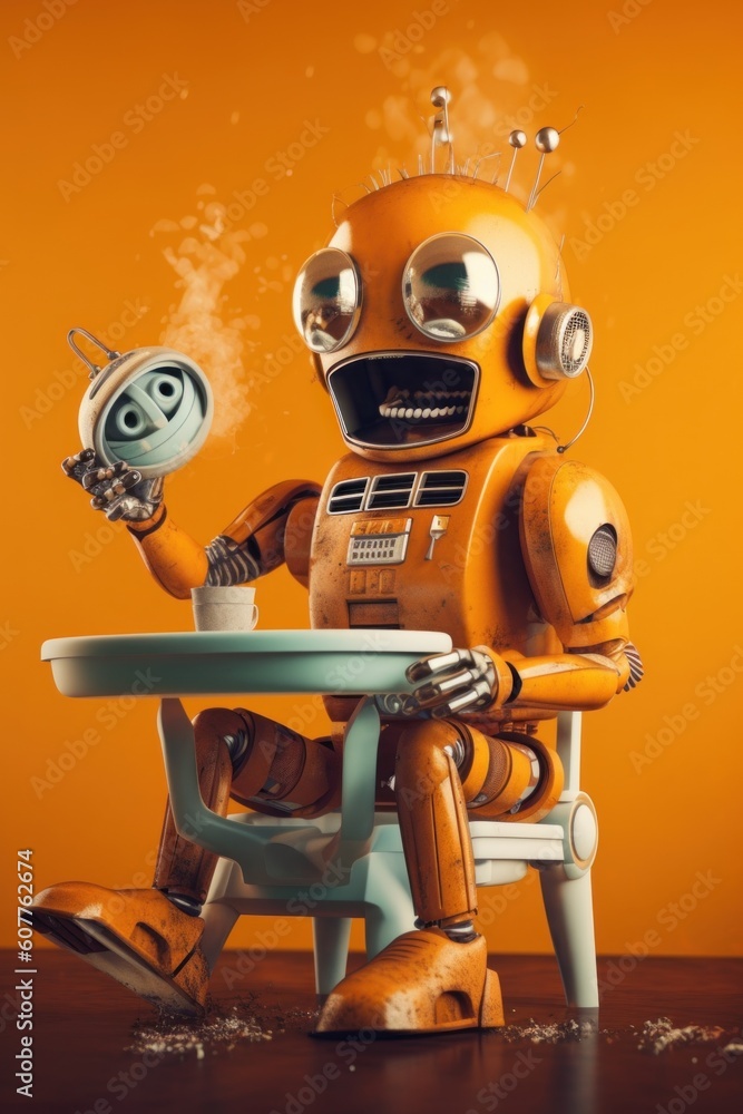 Poster a robot sitting at a table with a cup of coffee. generative ai image.