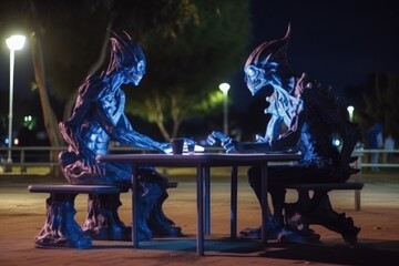 Fototapeta na wymiar scene of alien playing chess at park in the evening, created with generative ai