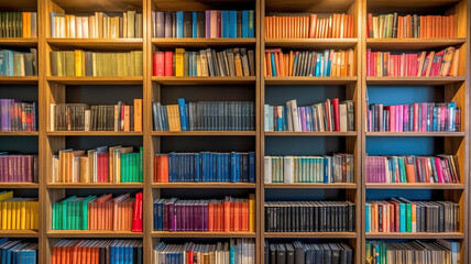 Rows of different colorful books lying on the shelves in the modern urban bookshop. Generative Ai