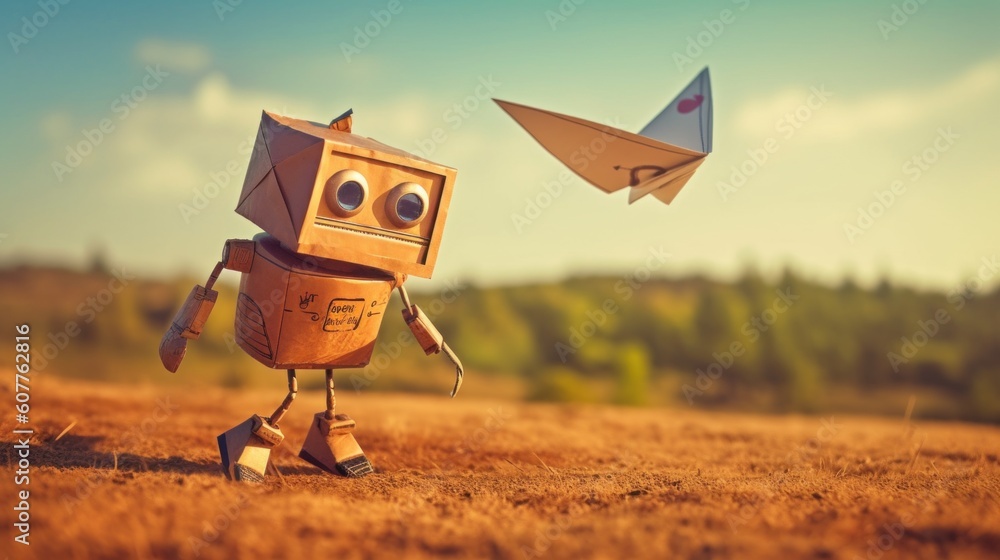 Poster a robot with a paper airplane in the background. generative ai image.
