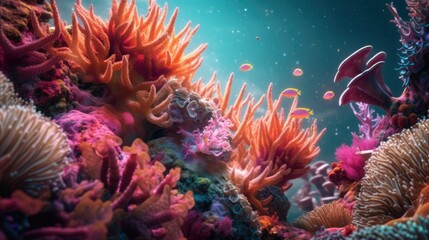 Fototapeta na wymiar An underwater scene of corals and sea anemonies. Generative AI image.