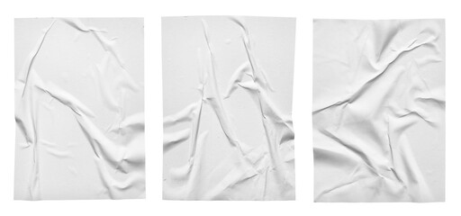 White crumpled and creased paper poster set isolated on white