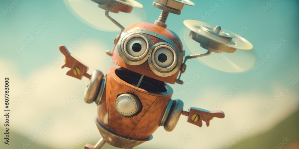 Poster a toy robot flying through the air. generative ai image.
