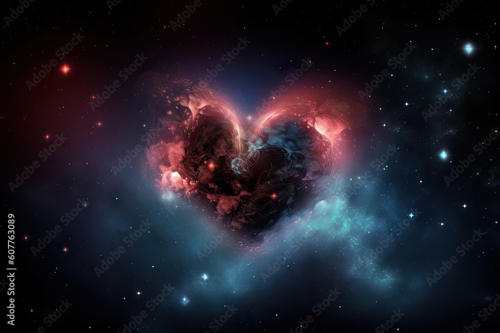 Wall mural heart-shaped nebula with stars and planets in the background, created with generative ai