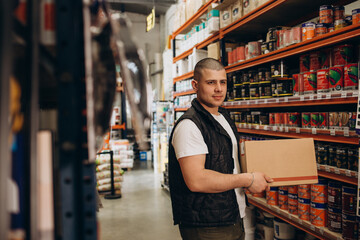 Smiling handsome salesman standing with arms crossed while making eye contact against rack at hardware store.