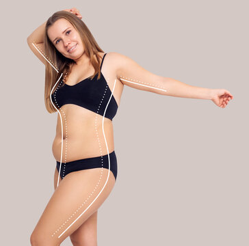 Young plump woman with outline of slim body.