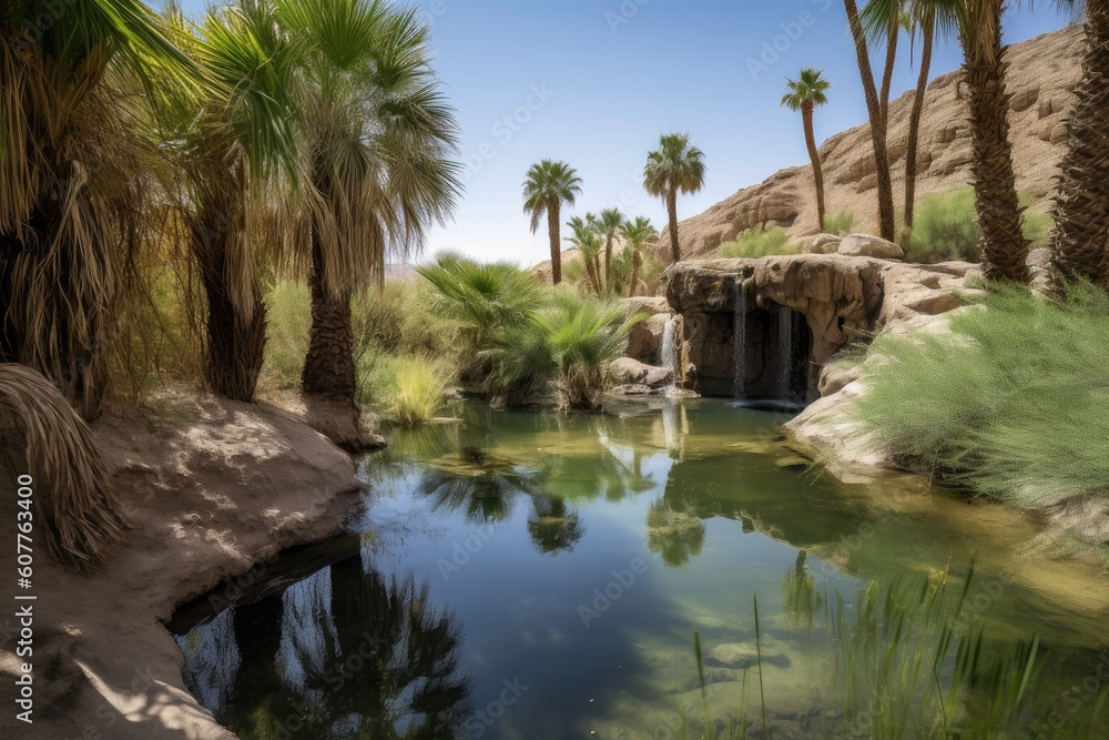 Poster desert oasis with waterfall and lush greenery in the background, created with generative ai