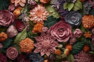 beautiful floral background with detailed flowers made of crumpled paper, ai tools generated image