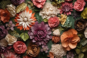 beautiful floral background with detailed flowers made of crumpled paper, ai tools generated image