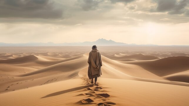 The traveler stands and contemplates the sandy desert. Generative AI