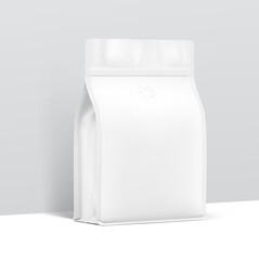 Realistic gusseted bag mockup. Vector illustration. Half side view. Perfect for your design. Suite for the presentation of coffee, food, for pets, household, etc. EPS10.