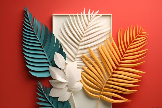 decorative composition with paper cut tropical leaves, ai tools generated image