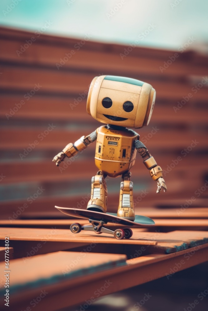 Poster a toy robot is standing on a skateboard. generative ai image.