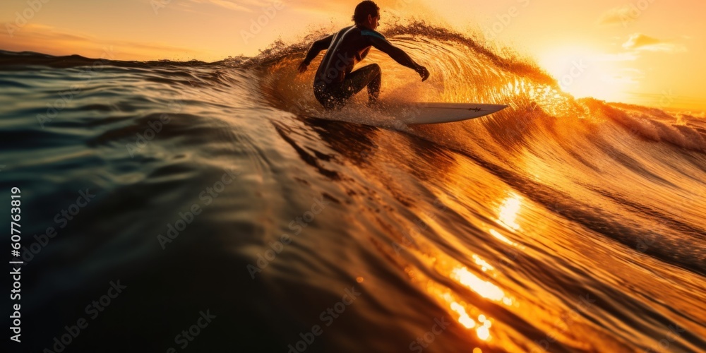 Poster a man riding a wave on top of a surfboard. generative ai image.