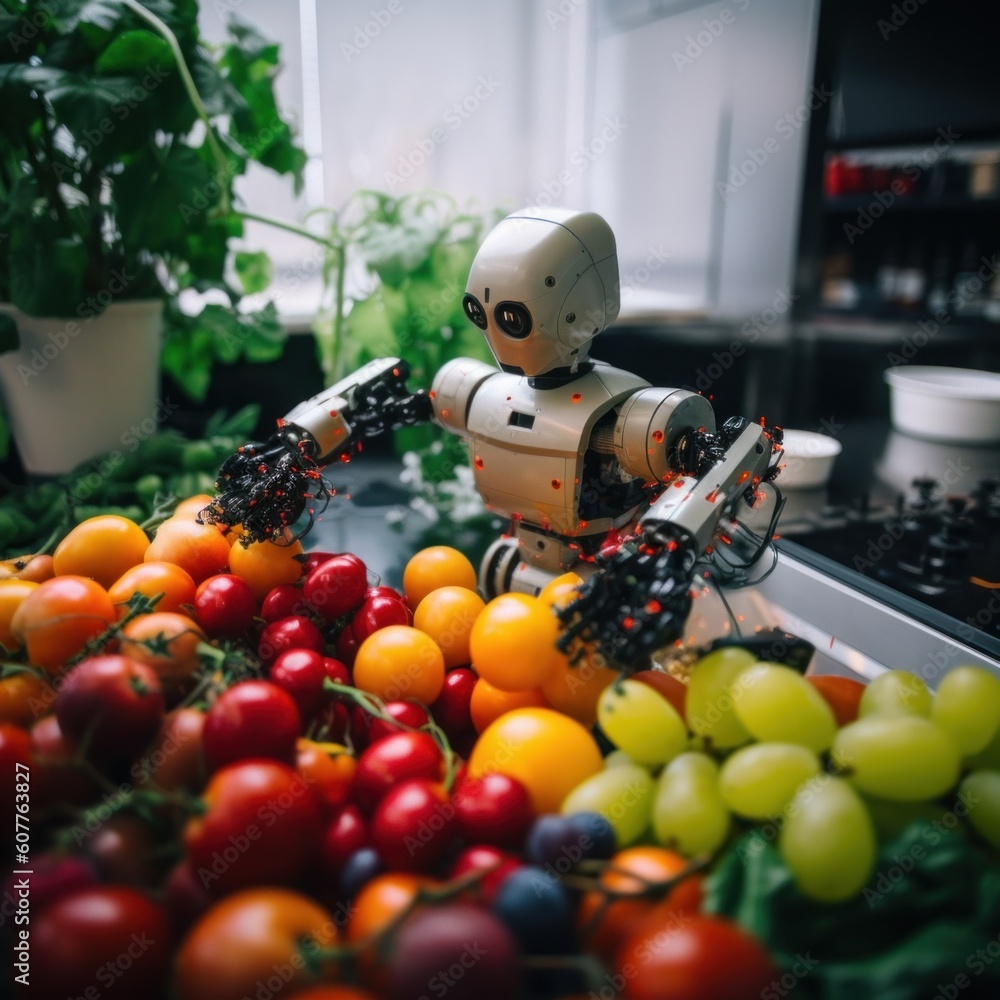 Poster a robot that is standing in front of a pile of fruit. generative ai image.