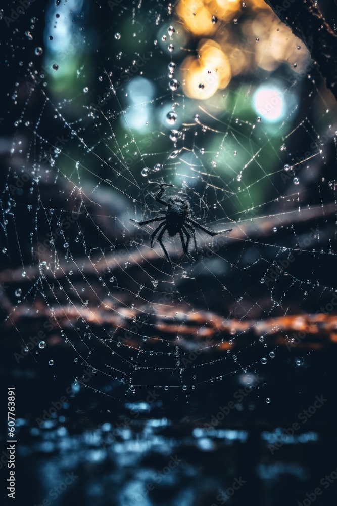 Poster a spider sits in the center of a spider web. generative ai image.